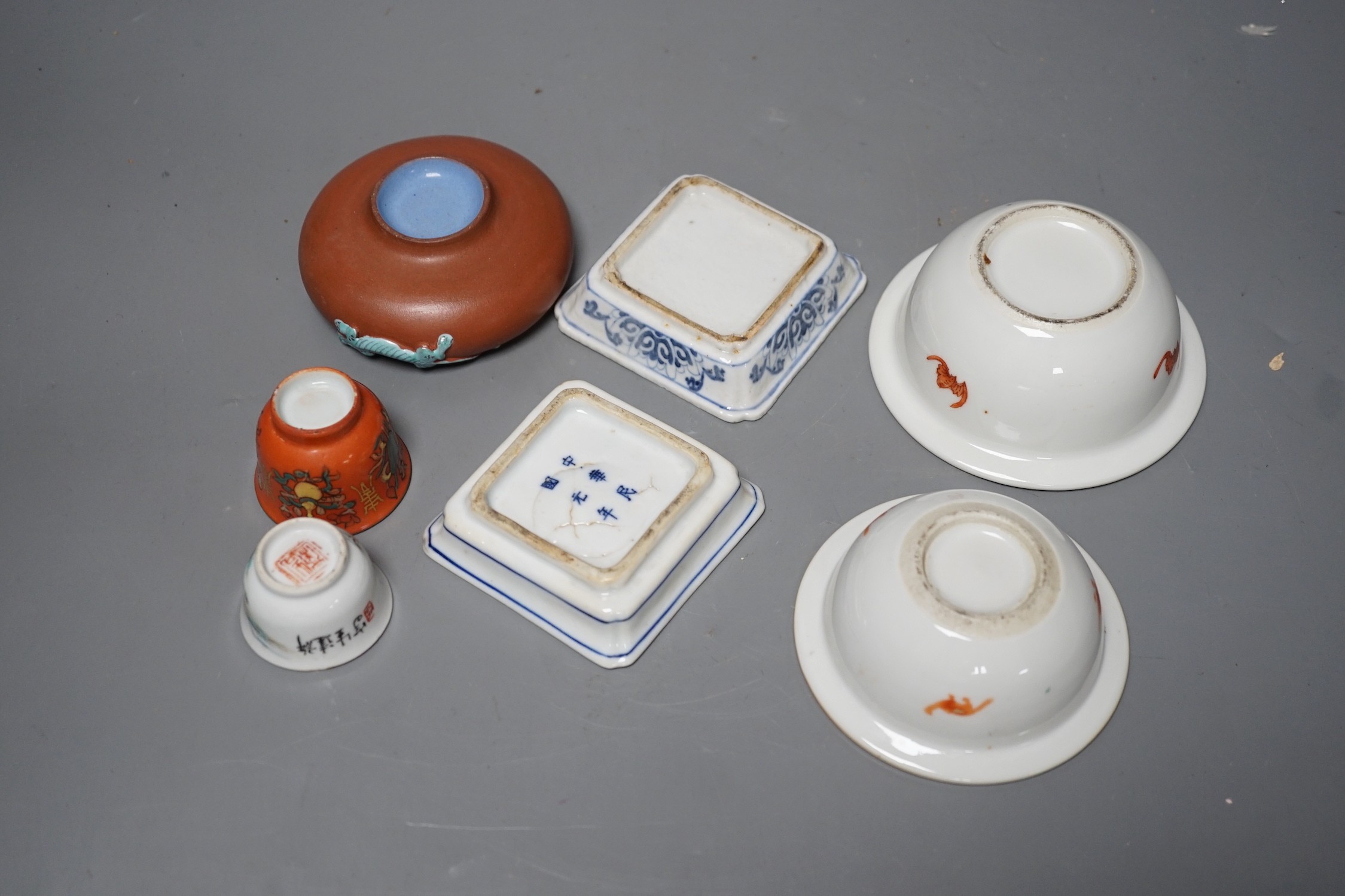 A group of late 19th / early 20th century Chinese ceramics, comprising two Straits small famille rose small bowls, 2 cups to signature dishes and a Yixing enamelled brush-washer, 9.4cm